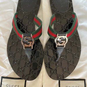 GUCCU GG THONG MONOGRAM WEB SANDAL SIZE 38.5 - US Size 8.5